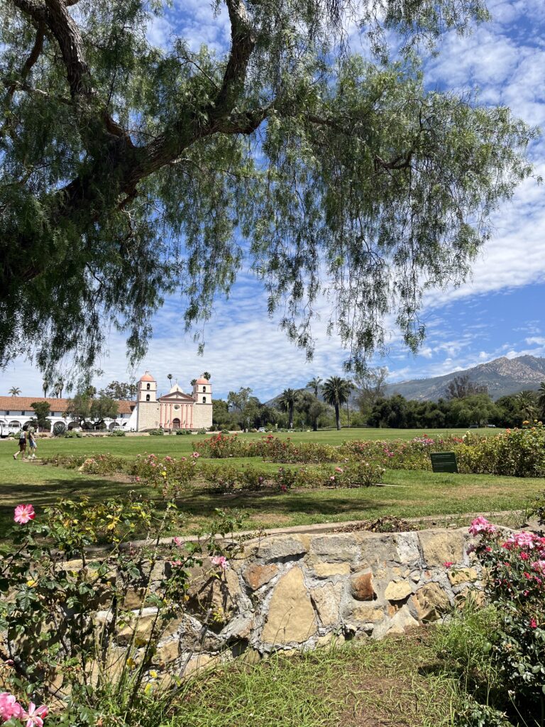 view of the old mission santa barbara from the rose garden